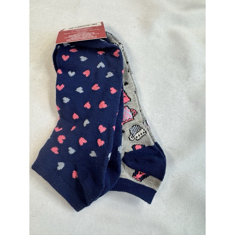 Juncture Womens Ankle Socks 2 Pairs Extended Size 8-14 Coffee Mugs Hearts Blue